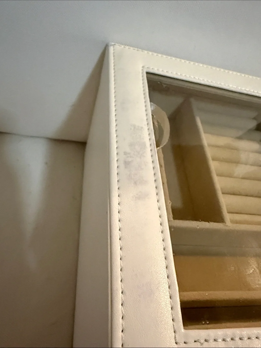 White Jewelry Organizer Box with Glass Top and Gold Accents